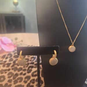Julie Vos Gold Pave Huggie Hoop Earrings And Matching Petite Necklace-MINT!!!